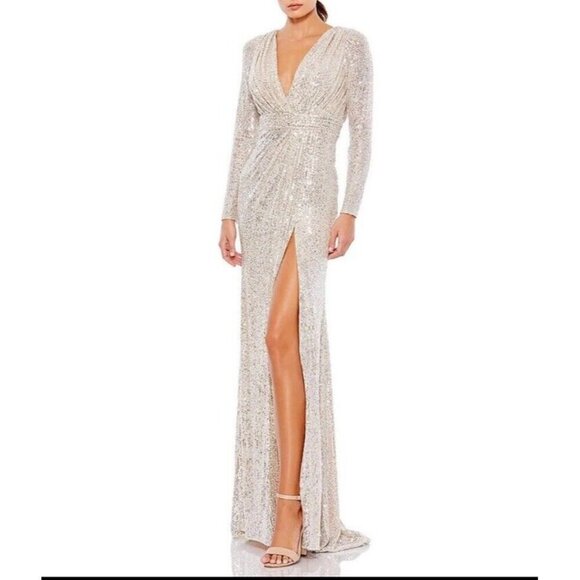 Mac Duggal Size 4 Beige LONG SLEEVE V NECK FAUX WRAP SEQUINED GOWN Dress Flaws - Picture 1 of 15